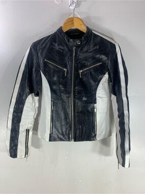 Vintage C M M black and white leather motorcycle racing jacket